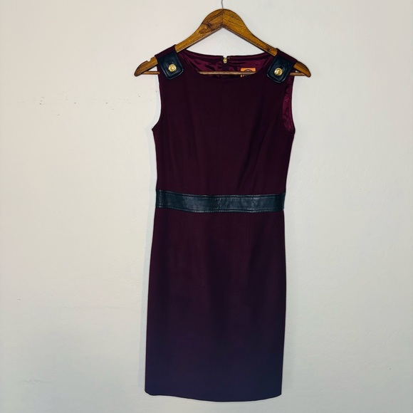 Tory Burch Sleeveless Sheath Dress Leather Trim Wine Wool Blend Gold Accents 4 - Picture 3 of 13